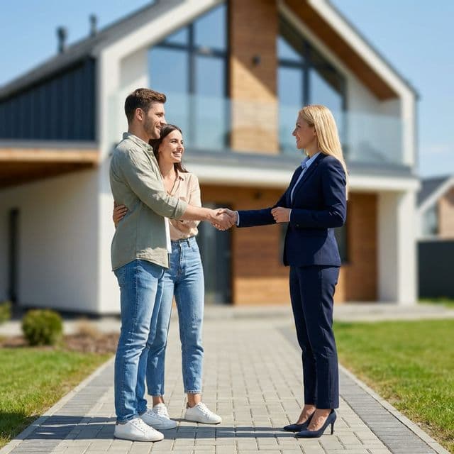 Couple with real estate agent shaking hands